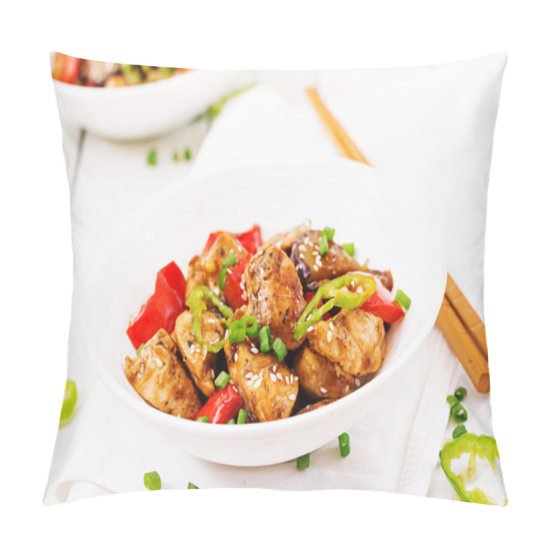 Personality  Close View Of Homemade Kung Pao Chicken In White Plates With Chopsticks. Pillow Covers