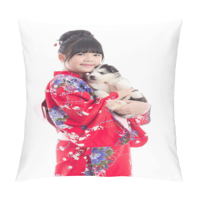 Personality  Little Asian Girl In Red Kimono Playing With A Siberian Husky Pu Pillow Covers