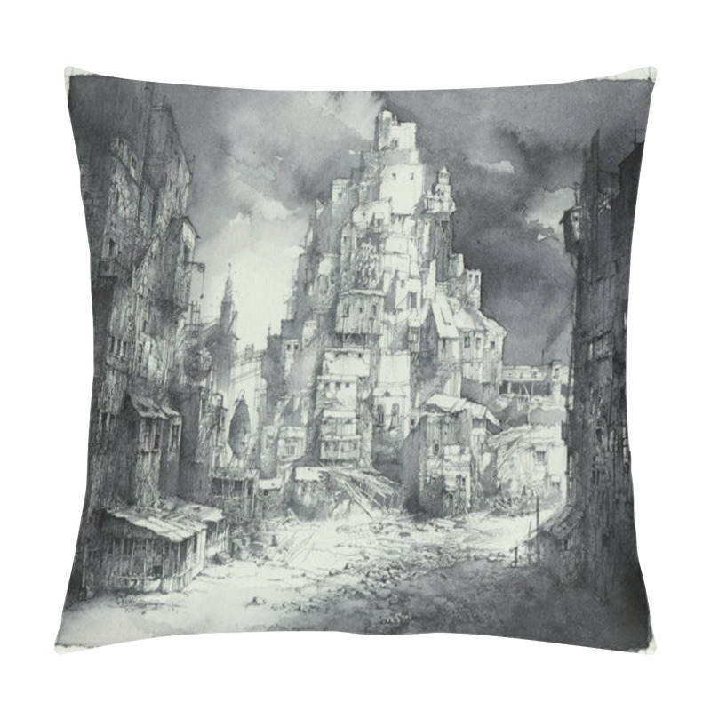 Personality  Detailed Drawing Of An Urban Slum Area, Ink Wash On Paper. Pillow Covers