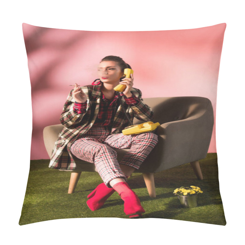 Personality  Stylish Young Woman In Armchair Smoking Cigarette While Talking On Retro Telephone Pillow Covers