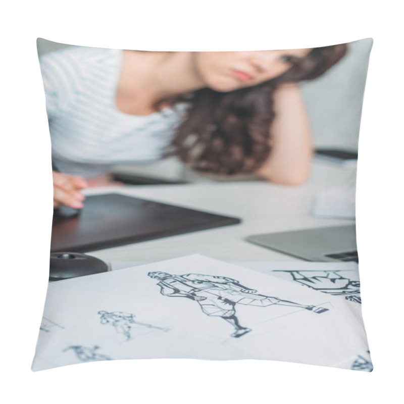 Personality  Selective Focus Of Cartoon Sketches Near Displeased Animator Using Digital Tablet  Pillow Covers