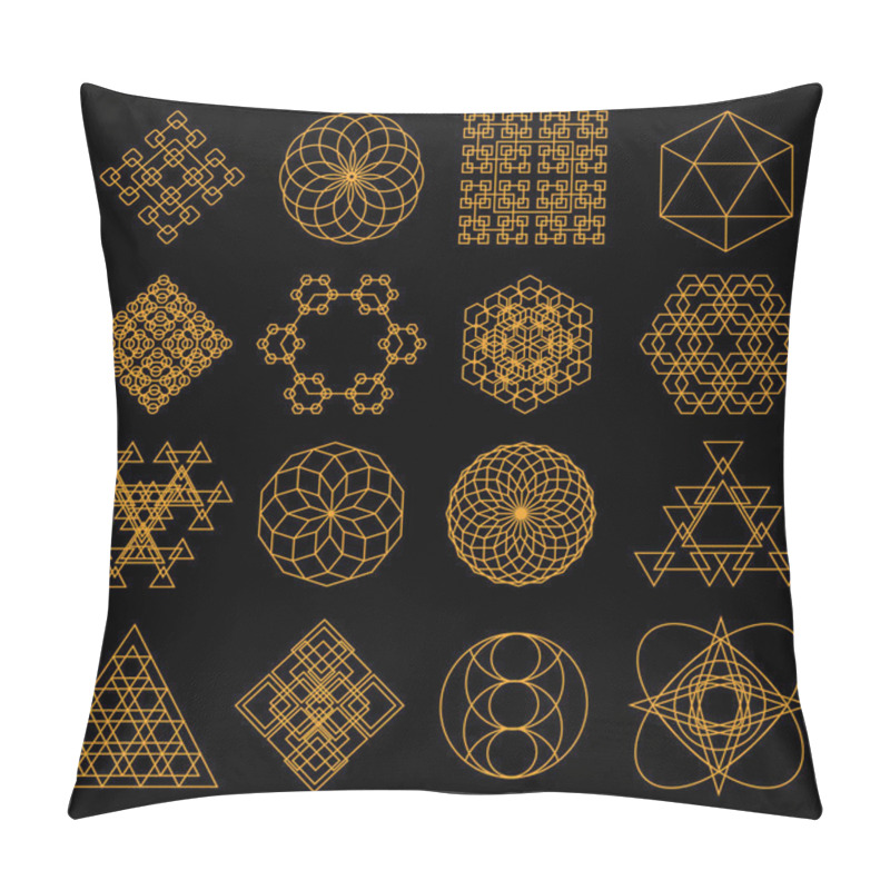 Personality  Set Of Geometric Tattoo Icons. Set Of Nine Symbols Of Sacred Geometry. Linear Character Illustration For Tattoo Black Background Pillow Covers