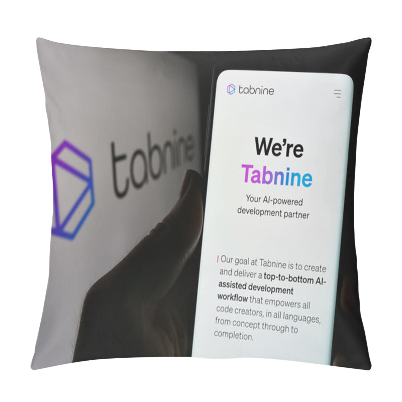 Personality  Stuttgart, Germany - 03-08-2024: Person Holding Cellphone With Webpage Of Israeli AI Coding Company Tabnine Ltd. In Front Of Business Logo. Focus On Center Of Phone Display. Pillow Covers