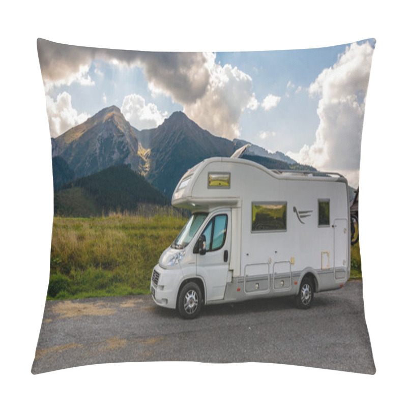 Personality  Zdiar, Slovakia - September 12, 2021: Fiat Ducato In A Campervan Version In The Parking Lot Against The Backdrop Of The Belianske Tatras. Pillow Covers