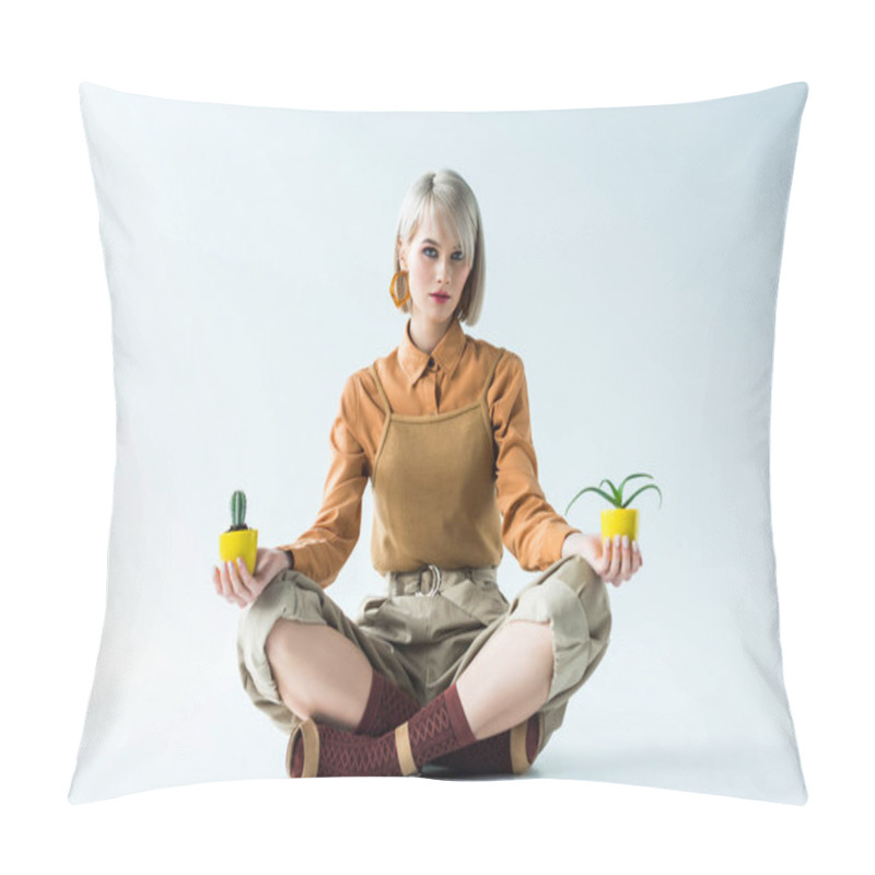 Personality  Beautiful Stylish Girl Looking At Camera And Holding Flower Pots On White Pillow Covers