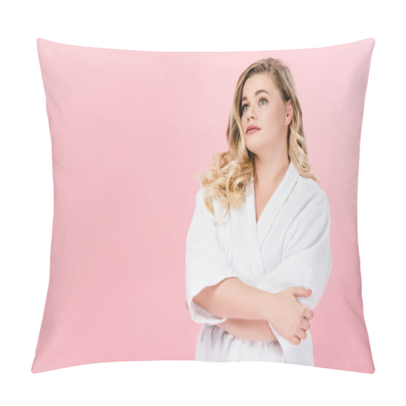 Personality  Beautiful Young Oversize Woman In Bathrobe Standing With Crossed Arms And Looking Away Isolated On Pink Pillow Covers