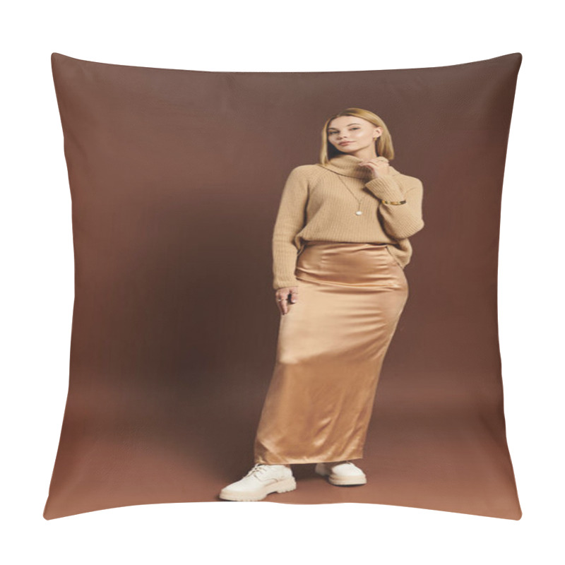 Personality  A Stylish Young Woman Poses In Autumn Attire With Soft Textures And Warm Colors, Radiating Elegance. Pillow Covers