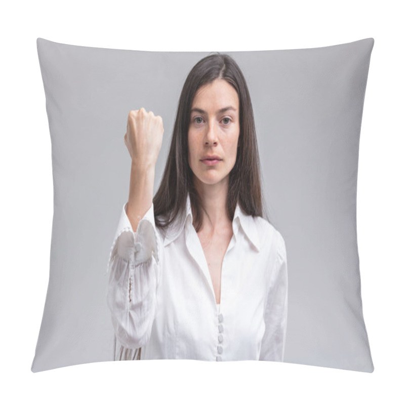 Personality  Portrait Of Young Long-haired Dominating Brunette Woman Showing Fist Pillow Covers