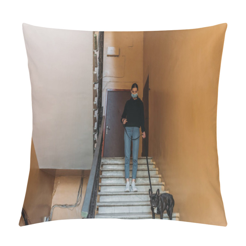 Personality  Girl In Medical Mask Holding Dog Leash While Standing With French Bulldog On Stairs  Pillow Covers