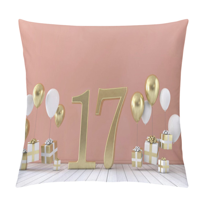 Personality  Number 17 Birthday Party Composition With Balloons And Gift Boxes. 3D Rendering Pillow Covers