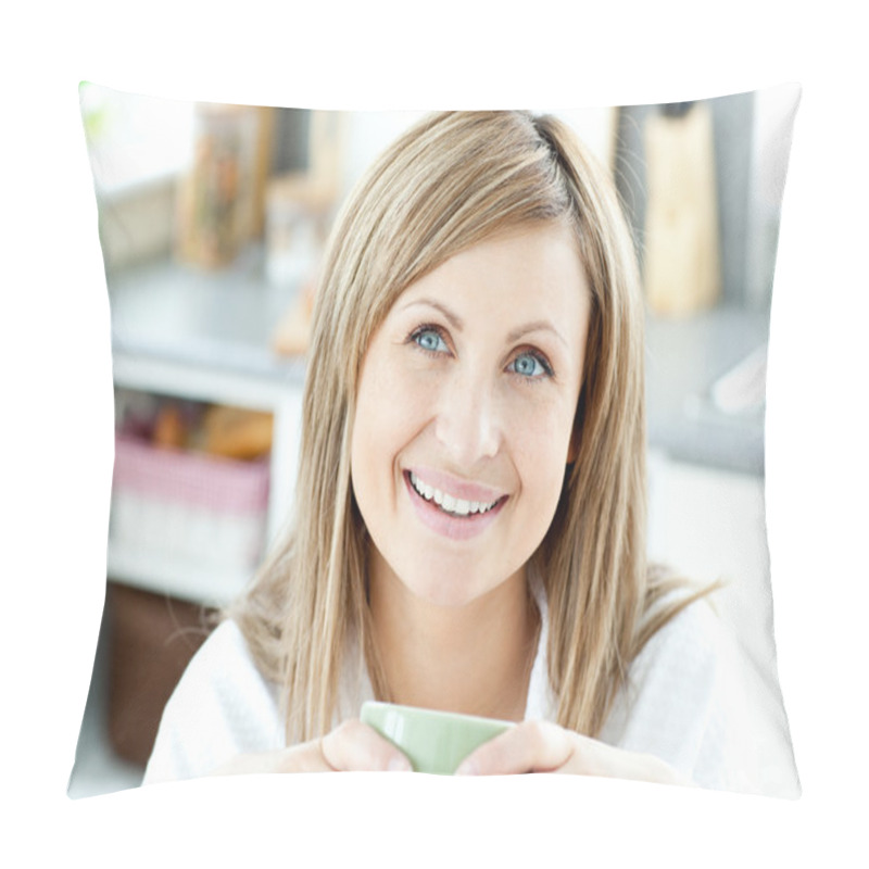 Personality  Happy Woman Holding A Cup Of Coffee In The Kitchen Pillow Covers