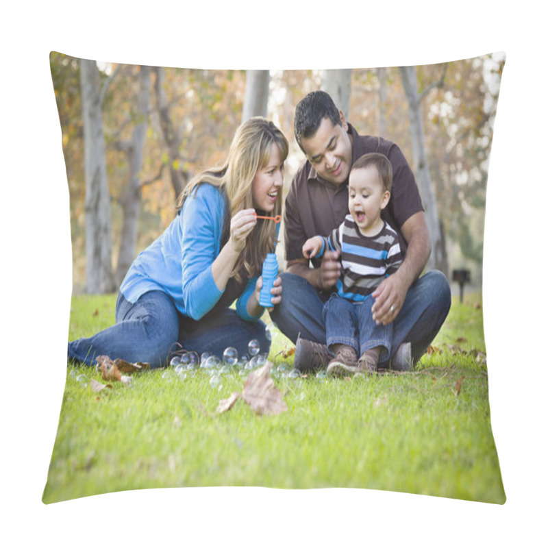 Personality  Happy Mixed Race Ethnic Family Playing With Bubbles In The Park Pillow Covers