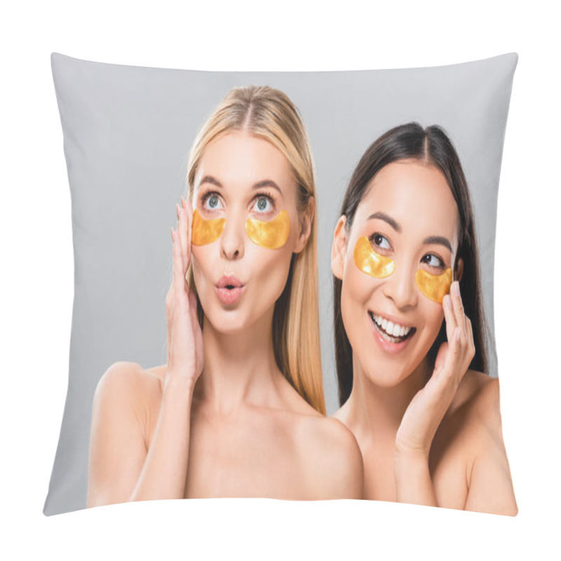 Personality  Beautiful Smiling Asian And Surprised European Naked Girls With Eye Patches Isolated On Grey Pillow Covers