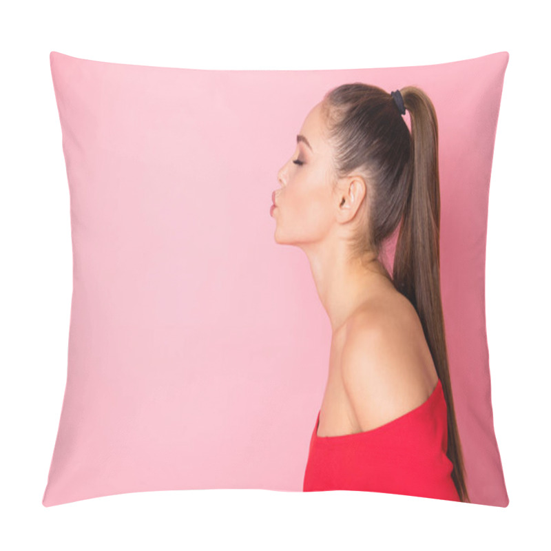 Personality  Profile Photo Of Attractive Lady Sending Air Kisses Empty Space Eyes Closed Blind Date Romantic Moment Wear Casual Red Open Shoulders Shirt Isolated Pastel Pink Color Background Pillow Covers