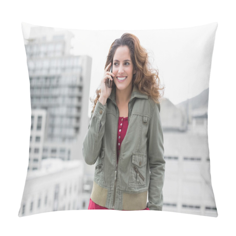 Personality  Smiling Gorgeous Brunette In Winter Fashion Phoning Pillow Covers