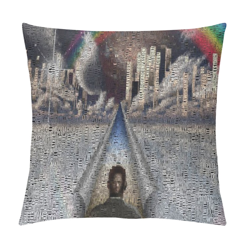 Personality  Surreal Painting. Future City At The Horizon, Rainbow In The Sky. Man Stands Before Field. Words. Pillow Covers