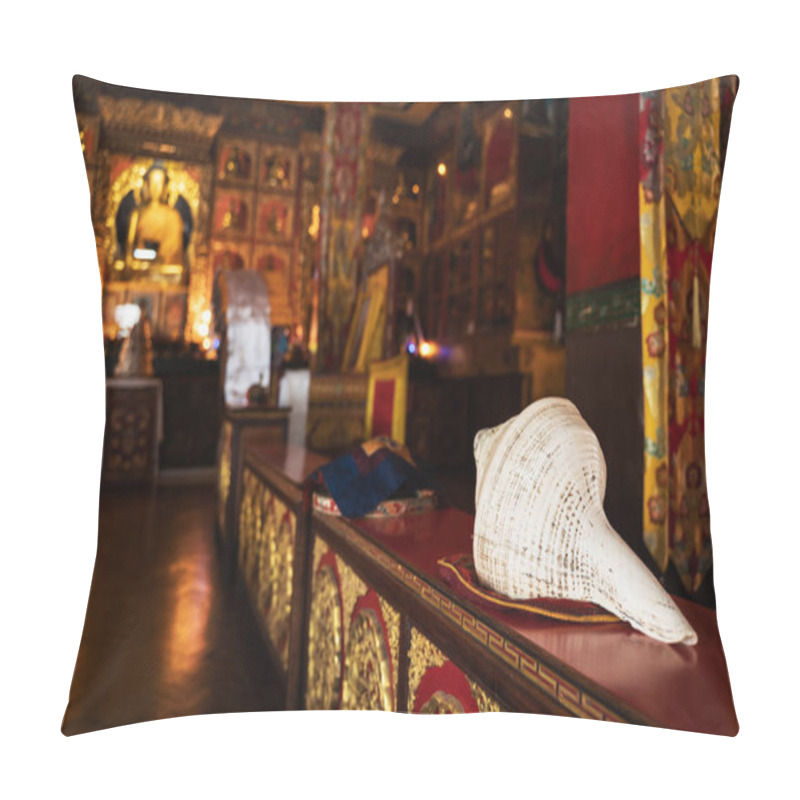 Personality  A Buddhist Ritual Musical Instrument For Ivitation On Puja - A Large White Shell, Lies In The Foreground, On A Table, In The Gompa Of A Buddhist Monastery. Pillow Covers