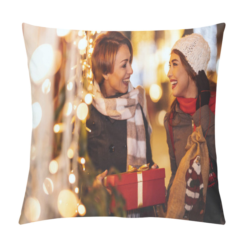 Personality  Cheerful Two Young Women Are Having Fun In The City Street At The Christmas Night. They Are Laughing And Buying Presents For Their Darlings. Pillow Covers