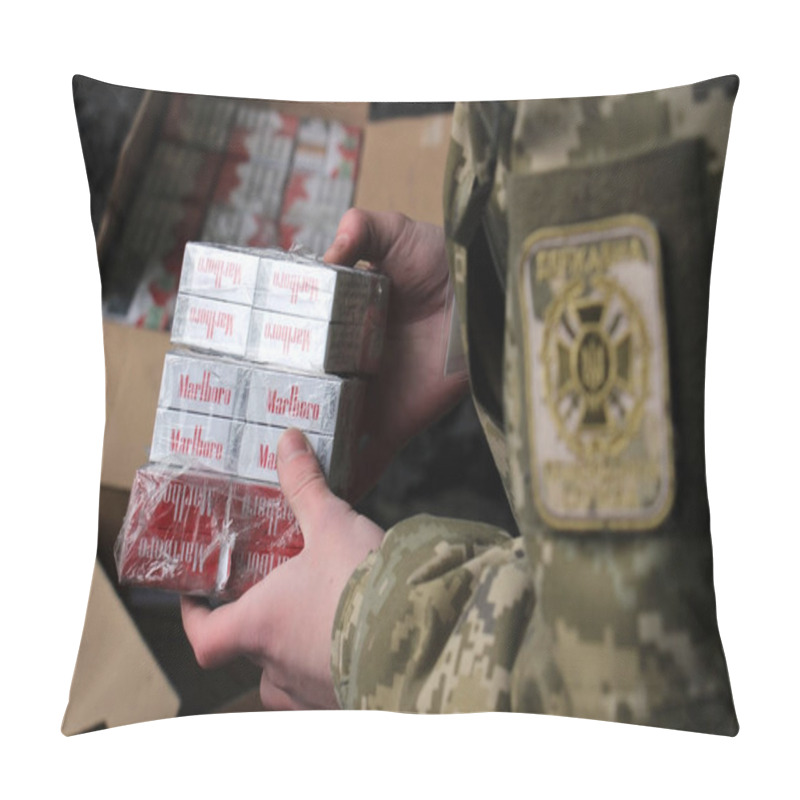 Personality  The Border Guard In Camouflage Uniforms Puts Smuggled Cigarettes Pillow Covers