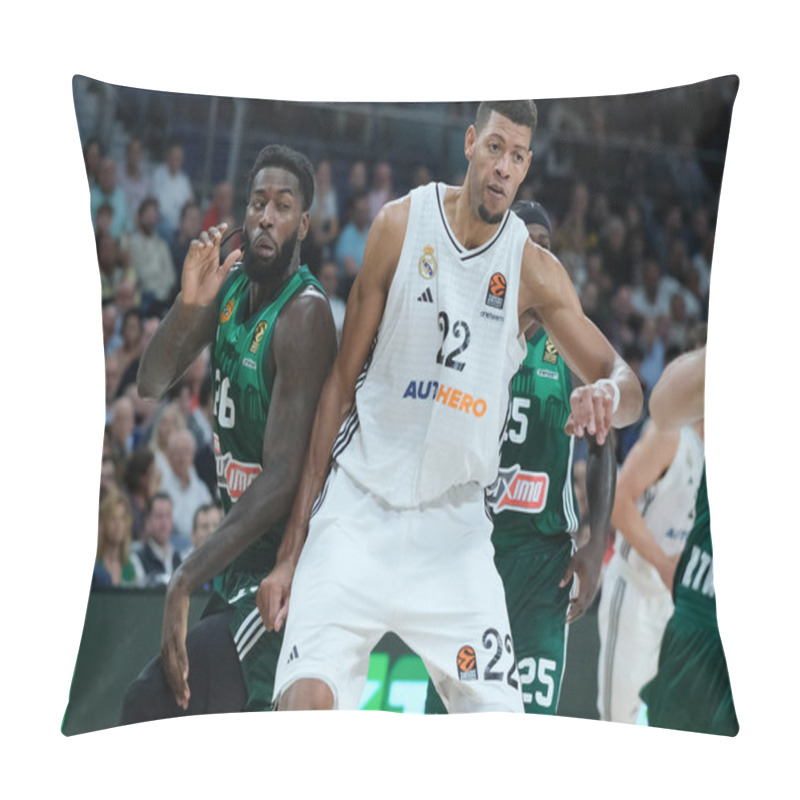 Personality  Mathias Lessort	  Of Panathinaikos During The Turkish Airlines EuroLeague Regular  Match Between Real Madrid And Panathinaikos  Athens At WiZink  On October 17 2024 In Madrid Spain Pillow Covers