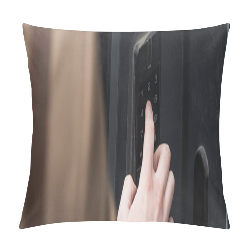 Personality  Cropped View Of Man Pressing Button On Intercom Keypad, Banner Pillow Covers