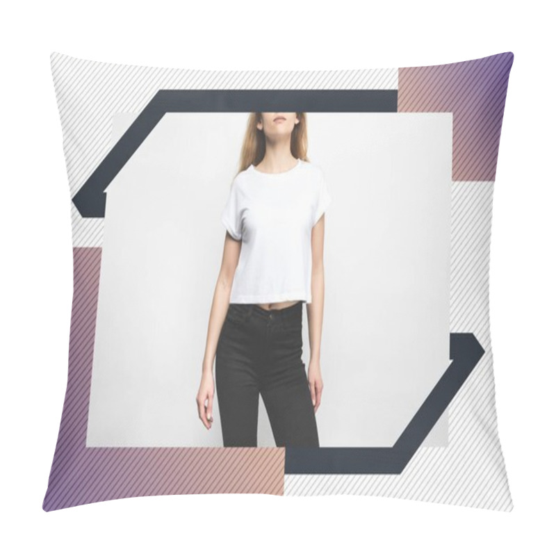 Personality  Young Woman In Blank T-shirt On White With Creative Frame Pillow Covers