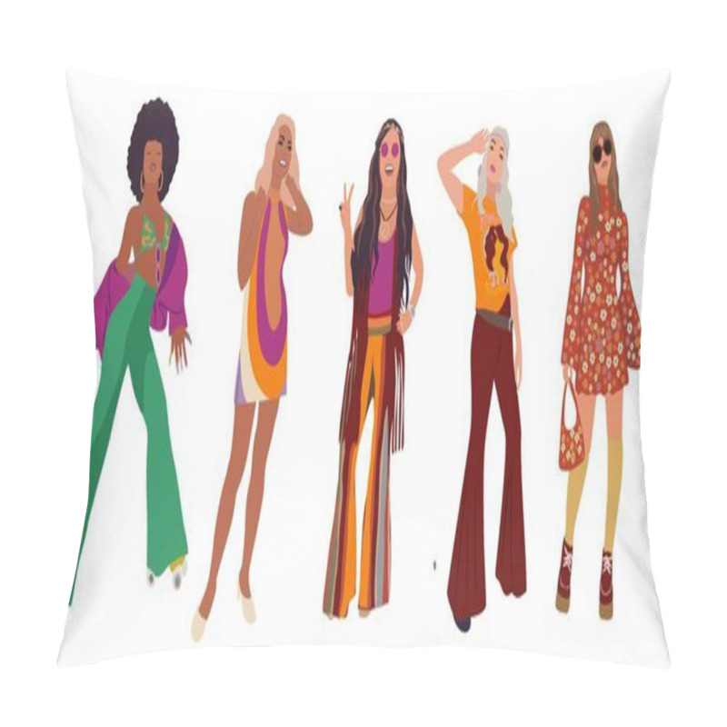 Personality  Beautiful Hippie Girls In Fashion Retro 70s Stylish Outfit. Cartoon Portraits Of Cute Young Women, Groovy Babies. Hand Drawn Vector Illustrations Isolated On White Background. Funky Characters. Pillow Covers