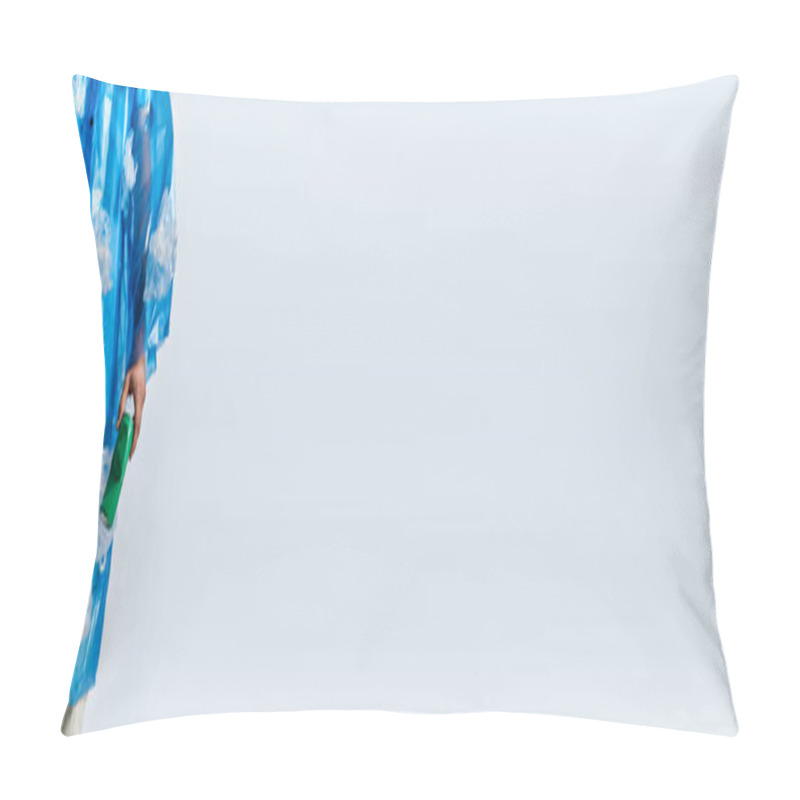 Personality  A Man Wearing A Plastic Cape With Cloud Patterns Holds A Green Bottle. Pillow Covers