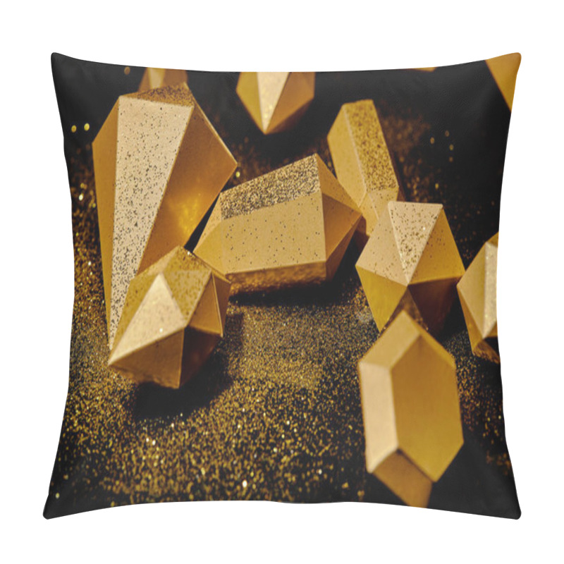 Personality  Close-up View Of Shiny Golden Pieces And Dust On Black  Pillow Covers