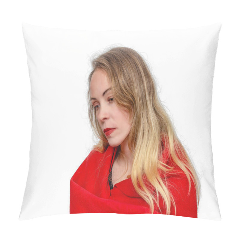 Personality  Portrait Of Thoughtful Blonde Woman Wrapped In Red Scarf, On White Background. Cozy Winter Mood Pillow Covers