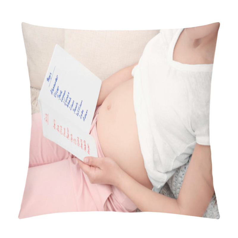 Personality  Pregnant Woman Studying List Of Names At Home. Concept Of Choosing Baby Name Pillow Covers