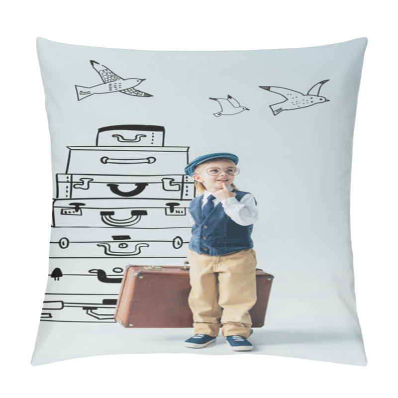 Personality  Dreamy Kid In Retro Vest And Cap Holding Suitcase And Looking Away On Grey Background With Travel Bags And Flying Birds Fantasy Illustration Pillow Covers