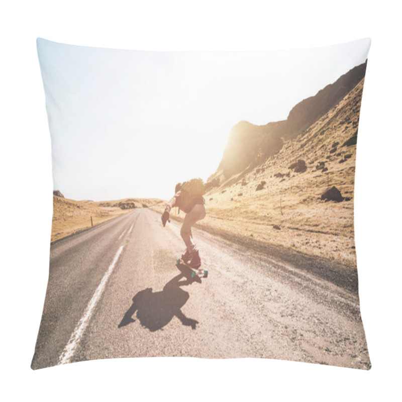 Personality  Skater Traveling Iceland On His Longboard Pillow Covers