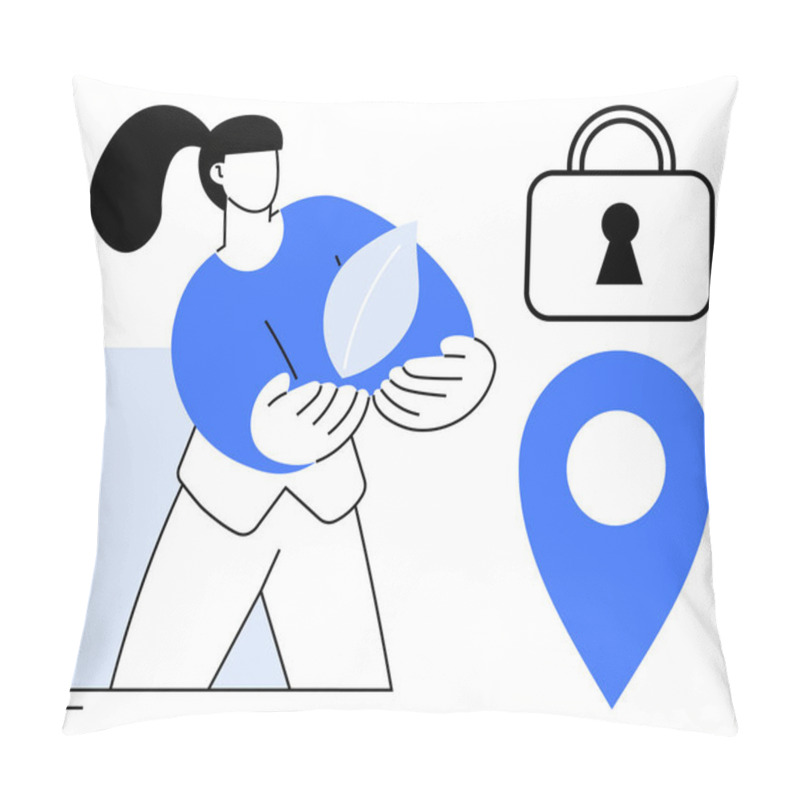 Personality  Woman Holding Leaf Represents Environmental Care, Security Lock Signifies Protection, And Map Marker Denotes Location. Ideal For Environment, Security, Navigation, Safety, Sustainability, Technology Pillow Covers