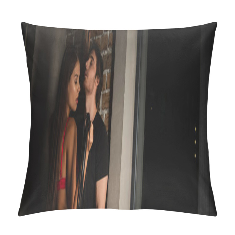 Personality  Passionate Woman Holding Flogging Whip Near Young Man In Darkness, Banner Pillow Covers