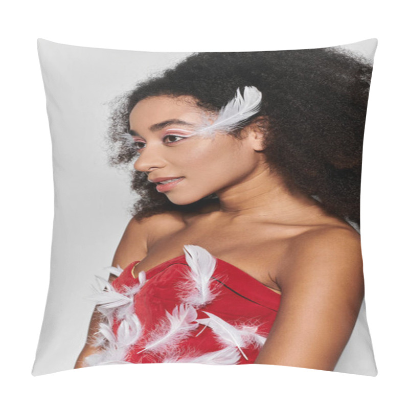 Personality  A Stylish Woman With Curly Hair Showcases Her Chic Red Ensemble Decorated With Feathers. Pillow Covers