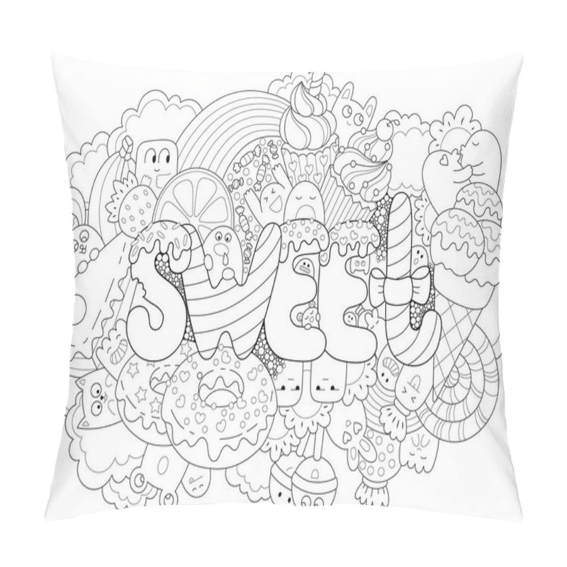 Personality  Abstract Background With Hand Drawn Text Sweet. Texture For Typography. Template For Advertising, Postcards, Banner, Web Design, Printing On Clothes. Set Of Cartoon Characters. Line Art Detailed Pillow Covers