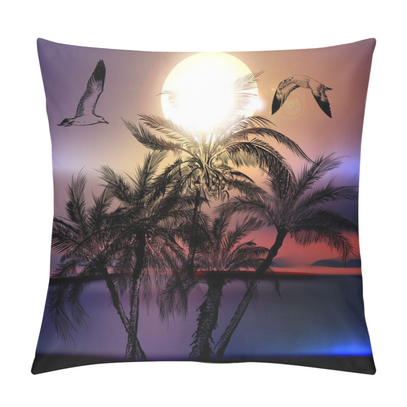 Personality  Illustration On A Sea Tropical Theme With Palm Tree Silhouettes And Ocean Pillow Covers