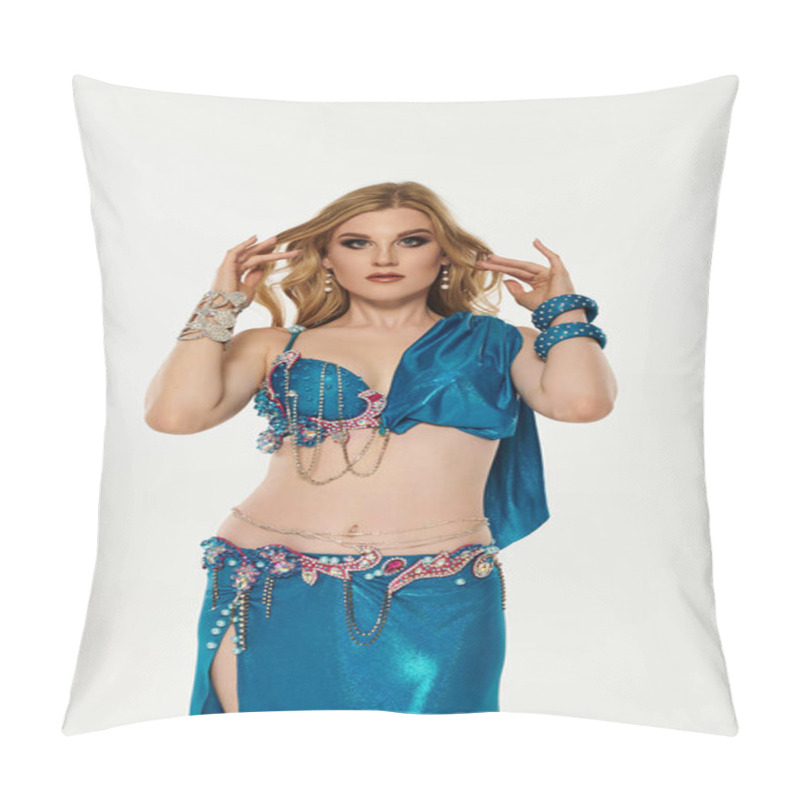 Personality  Elegantly Dressed Young Woman Showcases Belly Dance In Blue Attire. Pillow Covers