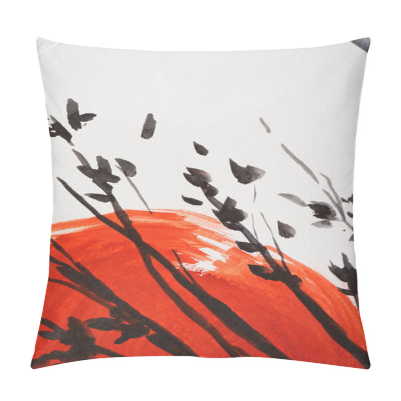 Personality  Top View Of Paper With Japanese Painting With Red Sun And Branches Pillow Covers