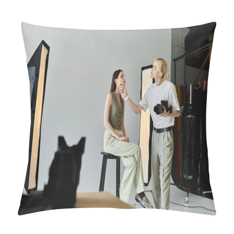 Personality  A Man Photographing A Female Model In A Creative Setting. Pillow Covers