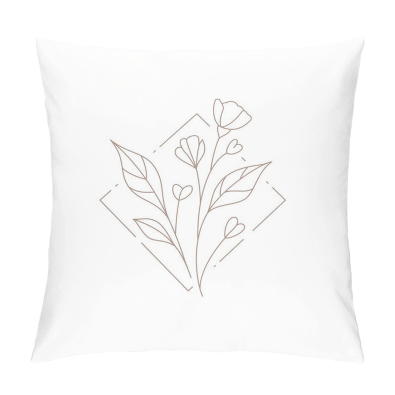 Personality  Line Art Simple Logo Beauty Flower Bud Stem Leaves Surrounded By Rhombus Squared Geometric Frame Pillow Covers