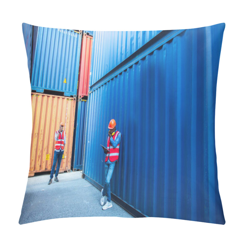 Personality  Man American African At Worker Industry Dock Or Container Yard. Foreman Talking Radio Working Control Loading Cargo Shipping Transport. Pillow Covers