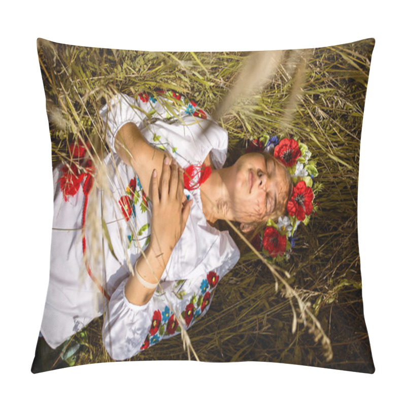 Personality  Woman In National Ukrainian Clothes With Closed Eyes Lying On Fi Pillow Covers