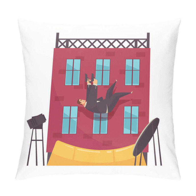 Personality  Action Film Shooting Scene With Stunt Double Falling Off Building With Handguns Cartoon Vector Illustration Pillow Covers