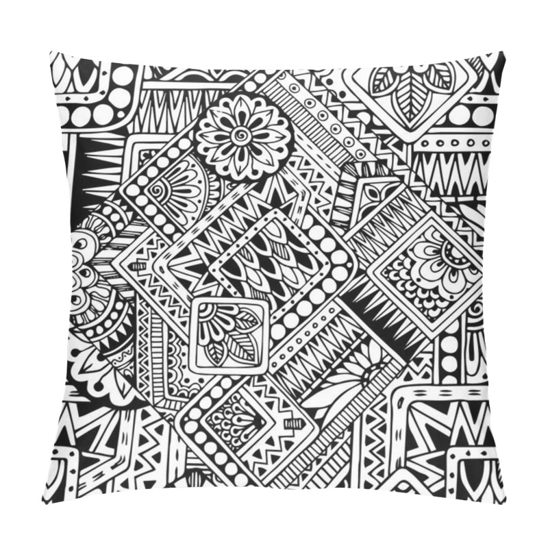 Personality  Seamless Asian Ethnic Floral Retro Doodle Black And White Pattern In Vector. Background With Geometric Elements. Pillow Covers