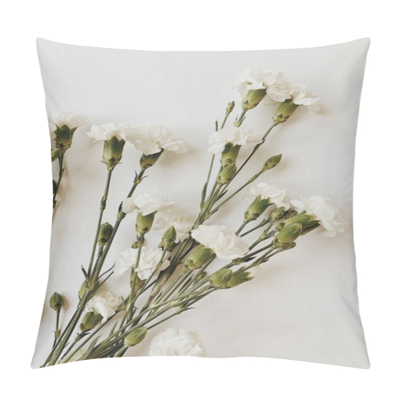 Personality  Flay Lay, Top View Of White Flowers/carnations On White Table. Anniversary, Wedding, Valentines, Birthday Concept. Minimal Spring Background. Pillow Covers