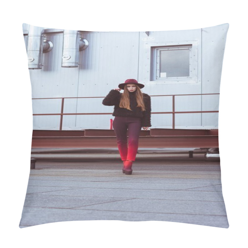 Personality  Woman In Autumn Outfit Standing On Roof Pillow Covers