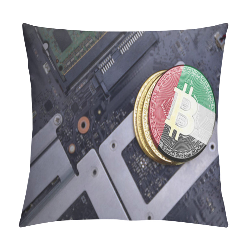 Personality  Golden Bitcoins With Flag Of United Arab Emirates On A Computer Electronic Circuit Board. Bitcoin Mining Concept. Pillow Covers