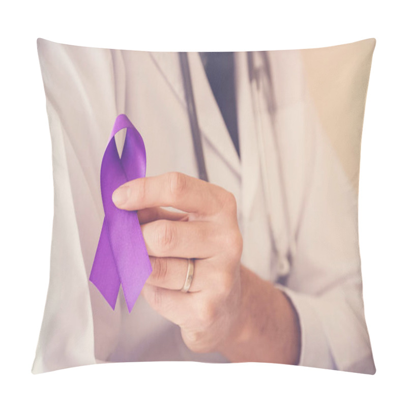 Personality  Doctor Hand Holding Purple Ribbons, Alzheimer Disease, Epilepsy Awareness Pillow Covers